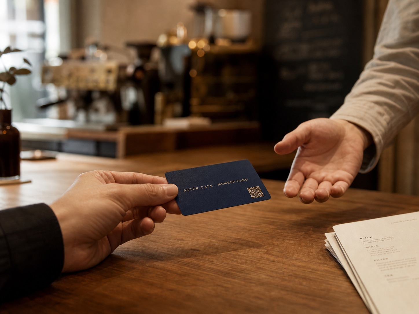 A sample venue-branded NFC + QR loyalty card being handed across a cafe counter.