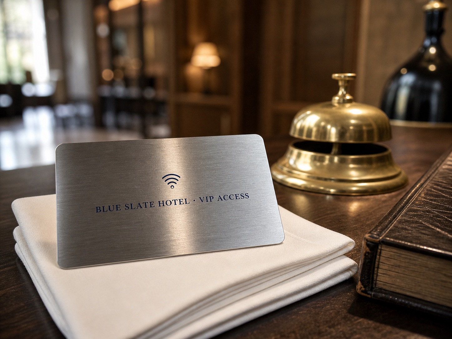 Sample venue-branded brushed-metal VIP NFC card on a hotel counter.