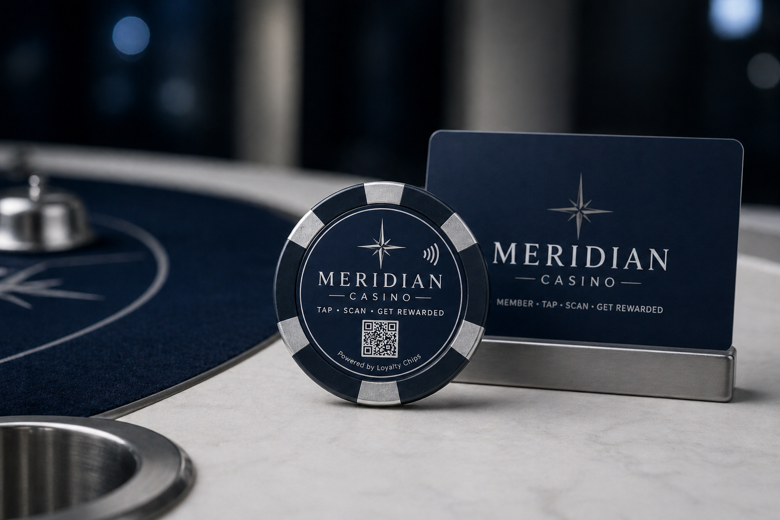 Sample casino-branded NFC + QR loyalty chip and member card.
